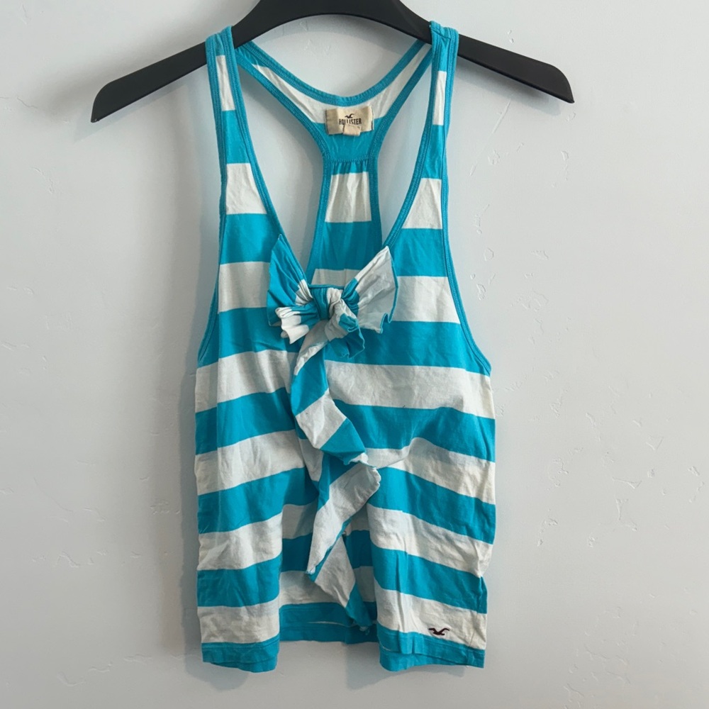Classic Hollister Turquoise & White Striped Tied Ruffle Front Racerback Tank